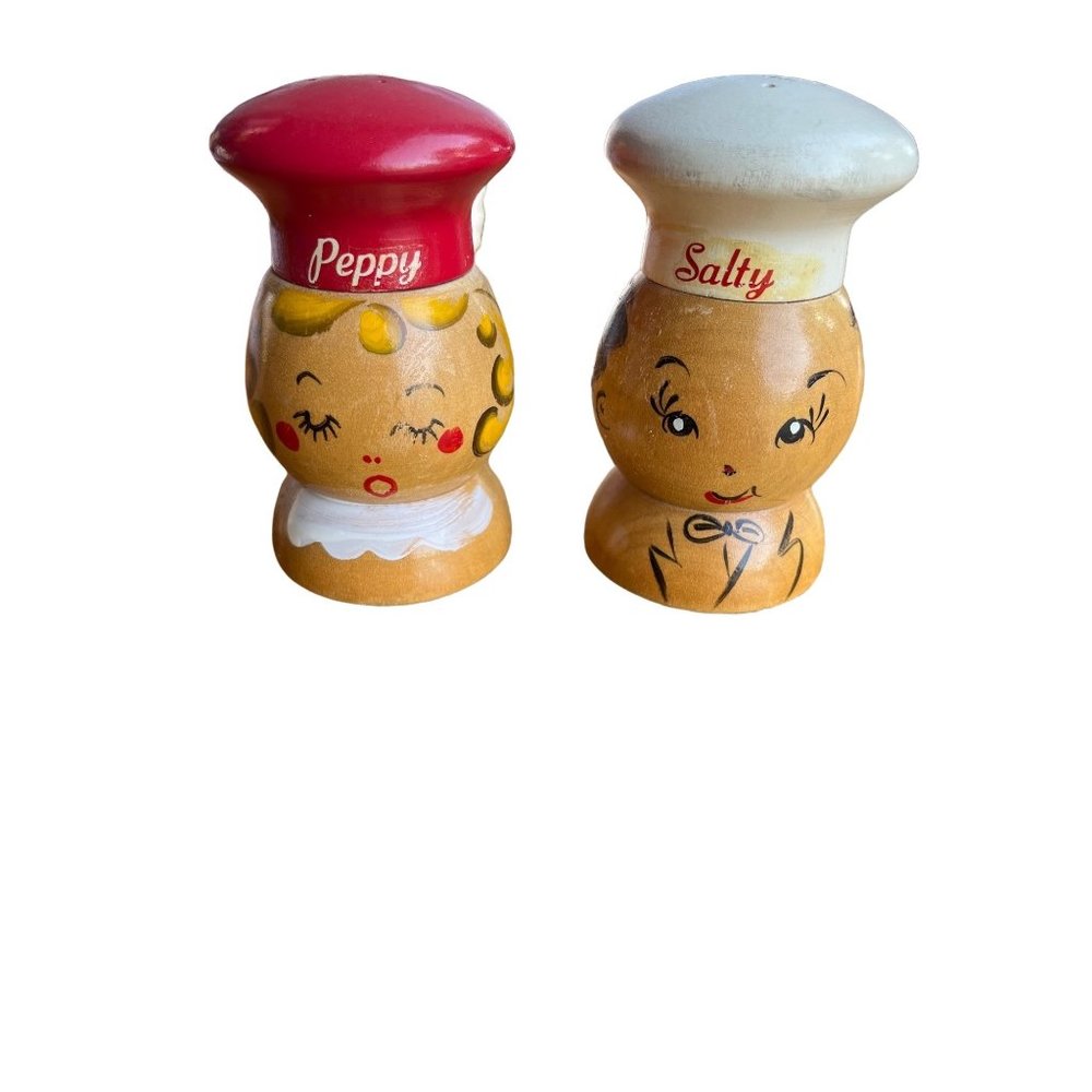 Vintage Salty Peppy chef woodel salt pepper shakers 3.25" tall MCM Hand Painted